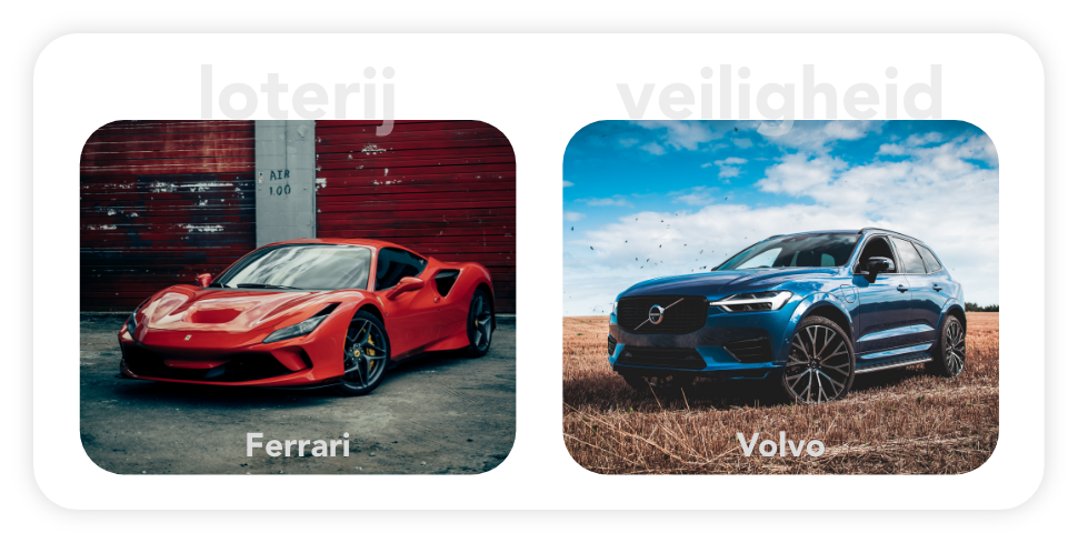Ferrari positioneert zich met de loterij en luxe. Volvo met veiligheid.